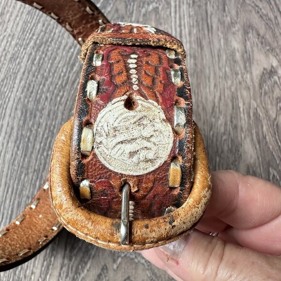 VTG Hand Tooled & Dyed Brown Leather Belt & Buckle sz 38 Native Eagle